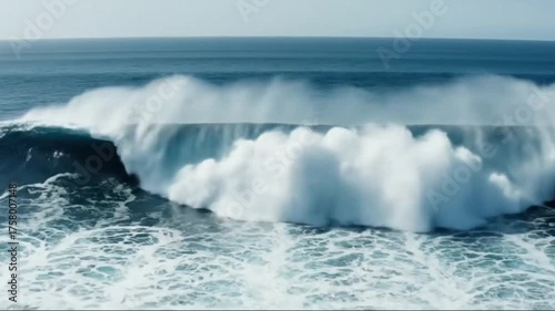 Powerful Tsunami in  Ocean Wave Crashing Under Clear Sky