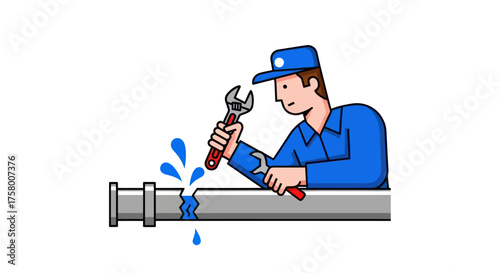 Plumber Fixing Leaking Pipe with Wrench and Tools.