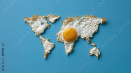 A whimsical representation of a world map made from fried eggs, showcasing creativity with a playful blue background.