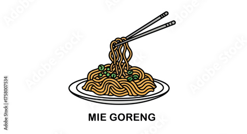 Mie Goreng Fried Noodles Dish with Chopsticks Outline Illustration.