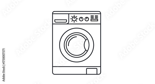 Simple line art illustration of a modern front-loading washing machine.