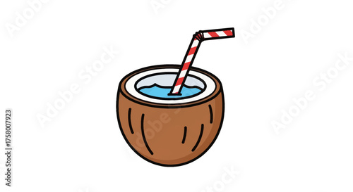 A simple cartoon illustration of a fresh coconut drink with a red and white striped straw.