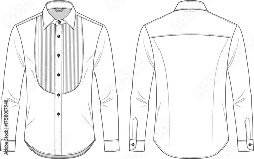 Men’s dress shirt technical fashion illustration front and back view with pleated bib, collar, cuffs, yoke, curved hem