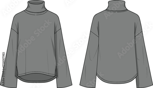 Loose fit turtleneck top fashion flat sketch front and back view technical drawing for apparel design and garment production