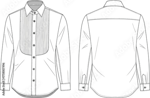 Men’s formal dress shirt technical flat sketch front and back view with pleated bib, collar, cuffs, yoke, and buttons