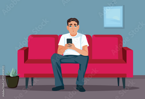 Man Sitting on a Sofa Checking his Phone Vector Illustration. Person scrolling the internet having an astonished reaction

