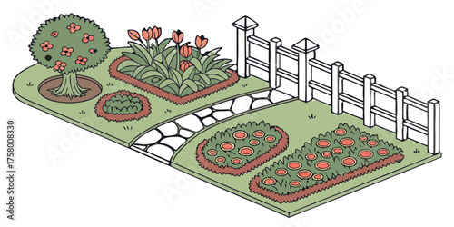 Charming isometric garden scene with blooming tulips, a fruit tree, and a white picket fence creating a picturesque backyard oasis