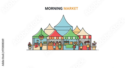 A vibrant morning market scene with colorful tents stalls vendors and shoppers in a flat line art illustration style.