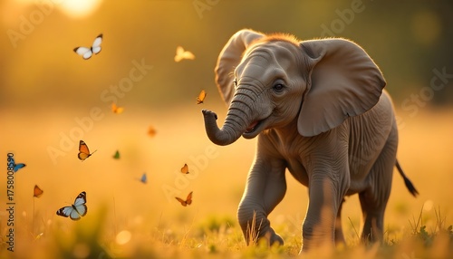 Cute Baby Elephant Playing with Butterflies in the Savannah