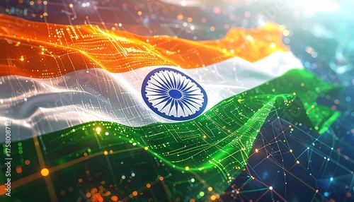 Indian Flag Combined with Futuristic Glowing Circuit Board Design, Symbolizing the Rise of Digital Innovation, Artificial Intelligence, and Technological Advancement in India