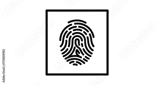 Black and white graphic of a fingerprint within a square frame.