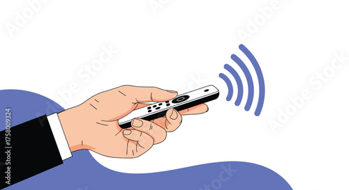 A hand holding a remote control with wireless signals emanating from it.