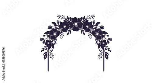 Decorative Dark Silhouette Floral Arch with Elegant Flowers and Leaves.
