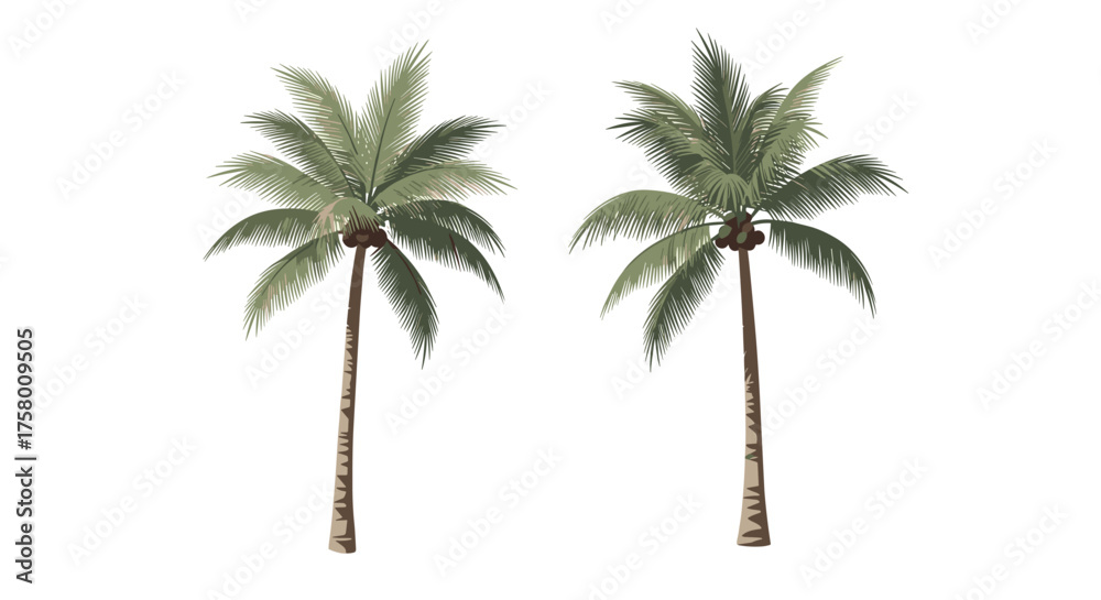 Obraz premium Two palm trees with green leaves and brown trunks isolated on a white background.