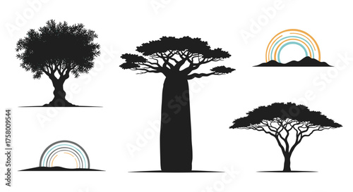 Diverse collection of iconic silhouettes representing majestic trees and natural landscapes.