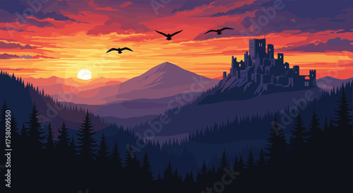 A majestic castle stands atop a hill against a vibrant sunset sky.