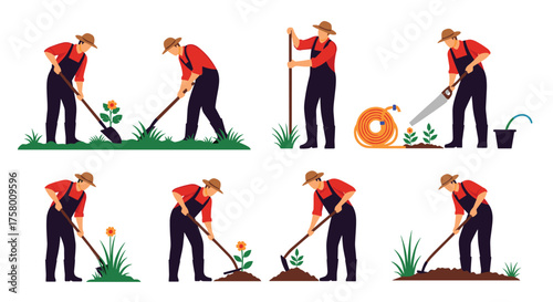 Gardening tasks performed by a farmer in a field with plants and tools.