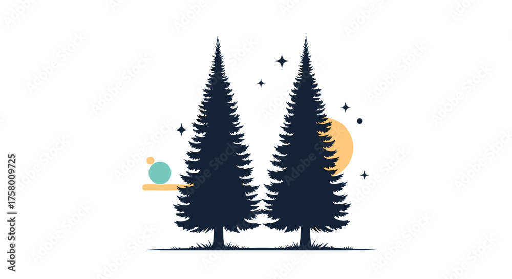 Obraz premium Two dark blue pine trees under a yellow moon and stars in the night sky.