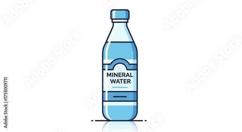 Cartoon-style mineral water bottle illustration with blue liquid and label.