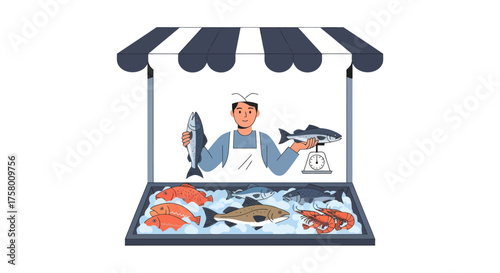 Fisherman selling fresh seafood at a market stall.