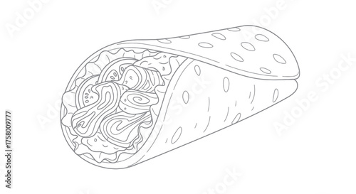 Detailed Black and White Illustration of a Delicious Burrito.