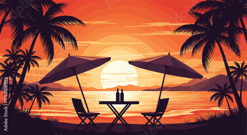 A serene pixel art beach scene with palm trees and a stunning sunset over the ocean.