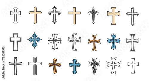 A collection of diverse cross designs in various styles and colors.