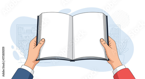 An open book held in hands against a backdrop of bookshelves.