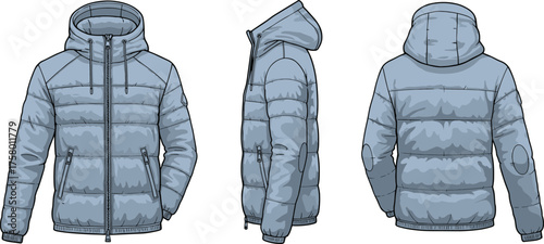 Puffer jacket technical flat sketch, winter outerwear fashion design, padded coat with hood, front side back view, vector illustration