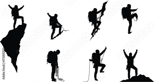 Mountain climbers silhouettes with gear, hiking adventure poses, teamwork success, summit victory, outdoor exploration, extreme sports, perseverance, challenge, achievement, lifestyle
