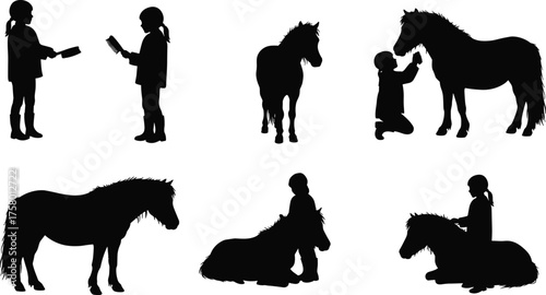 "Silhouette vector illustration of children with ponies, grooming, riding, caring, companionship, equestrian lifestyle, rural countryside, animal friendship, outdoor activity"