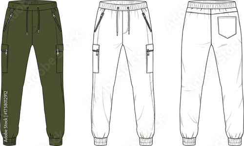 Modern cargo jogger pants technical drawing, casual streetwear design, detailed front and back view, fashion flat sketch, vector illustration, editable template