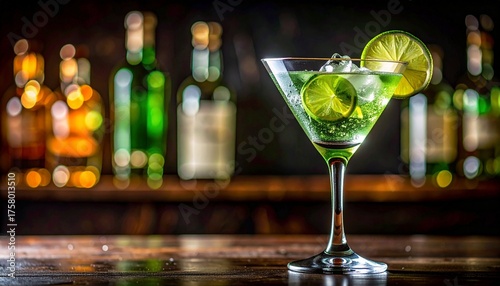 A martini glass filled with a green drink, ice, and lime slices sits on a bar with blurred bottles in the background.
