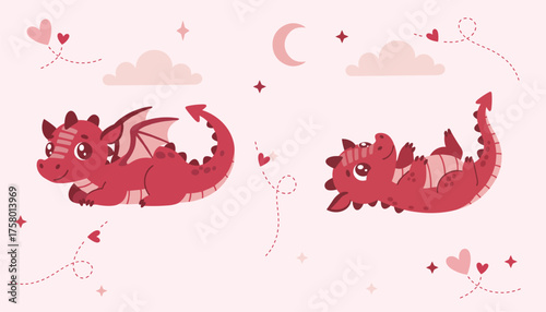Cute pink baby dragons set with hearts, clouds, and moon in pastel style