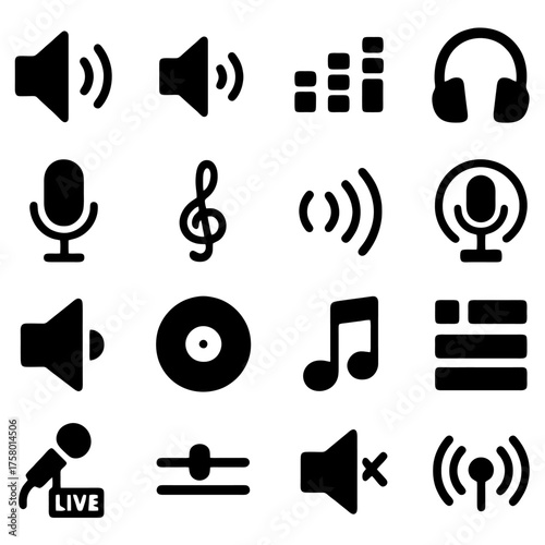 Melody of Modern Sound: A collection of black icons representing essential audio elements, a visual symphony of music, encompassing loudspeakers, equalizer, headphones, microphone, music notes.