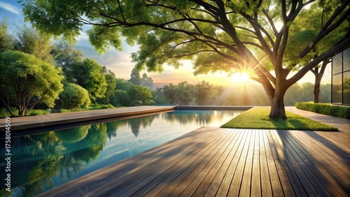 Serene Sunset Vista Tranquil Poolside Relaxation Amidst Lush Greenery and Golden Hour Light