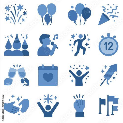  Celebration Icons Set: A collection of diverse celebration icons, including festive balloons, dazzling fireworks, a jubilant singer, a dancing figure, cheerful toast and many more.  