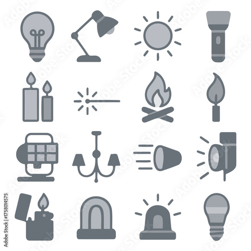 Illumination Collection: A compilation of light-related icons, each representing a distinct source of light, offering a versatile visual resource for design.
