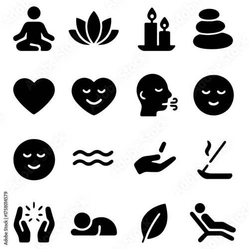 Serene Icons: A set of evocative icons symbolizing wellness, meditation, and tranquility, offering visual cues for inner peace and mindful practices.