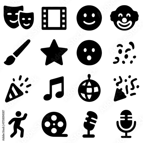 Entertainment Icons: A collection of various icons related to entertainment and arts, perfect for design and thematic concepts.