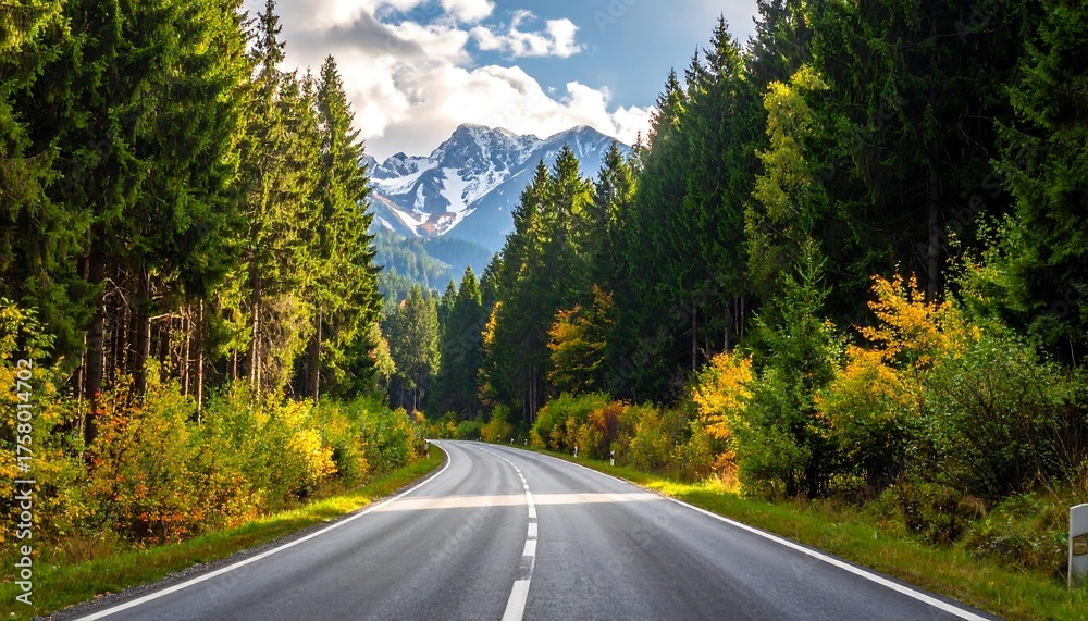 Fototapeta premium Scenic Road Through Forest Leading to Distant Mountains.