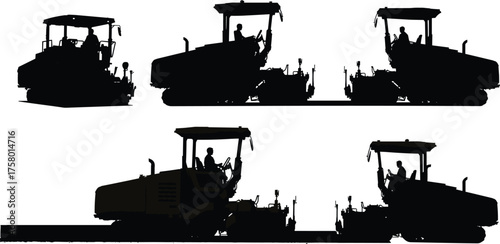  Asphalt paver silhouette, road construction vehicle vector, heavy machinery illustration, black isolated equipment, industrial transport icon, stock image for infrastructure projects