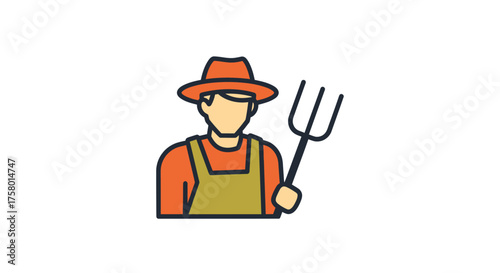 Cartoon Farmer Holding Pitchfork Wearing Overalls and Hat.