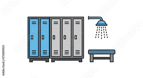 Row of blue and gray metal lockers with a shower head and bench.