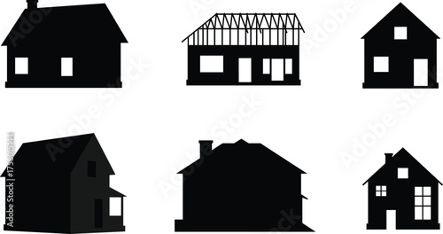 Black house silhouettes, residential architecture icons, modern home shapes, construction stages, urban housing design, vector illustration for real estate, building concept graphics