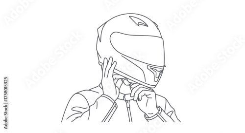 Outlined Rider Fastening Motorcycle Helmet Before Ride.