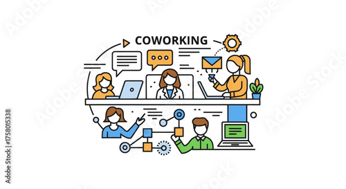 Colorful line art illustration of a coworking space with people collaborating on laptops.