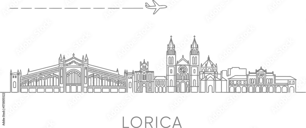 Fototapeta premium Lorica Skyline with Airplane Travel Icon