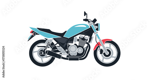A stylish blue and red standard street motorcycle shown in a side profile vector illustration.