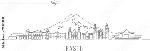 Pasto Colombia Skyline with Volcano and Airplane Line Art